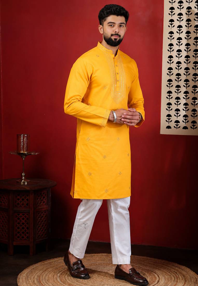 Yellow embroidered kurta payjama