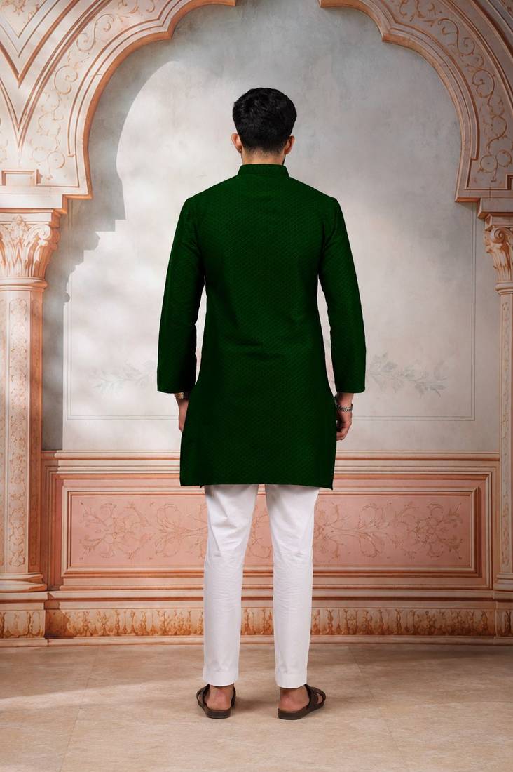 Green woven fancy kurta payjama for men