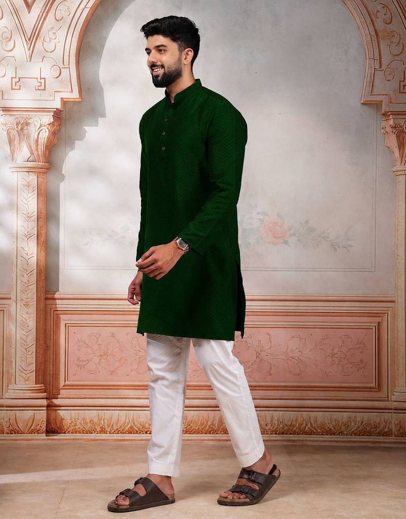 Green woven fancy kurta payjama for men