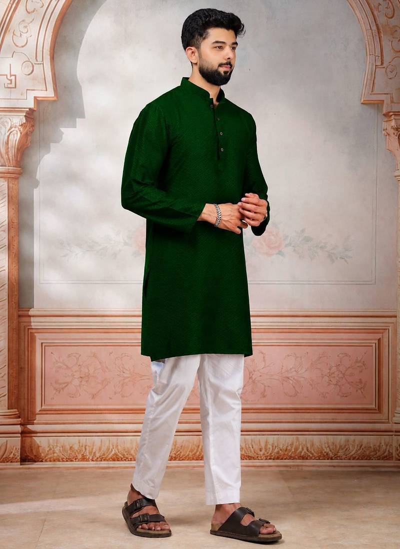 Green woven fancy kurta payjama for men