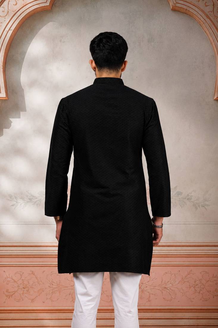 Black woven fancy kurta payjama for men