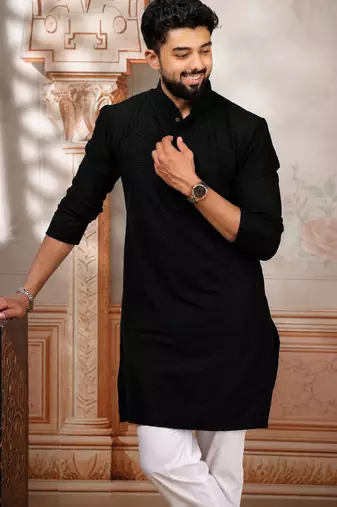 Black woven fancy kurta payjama for men