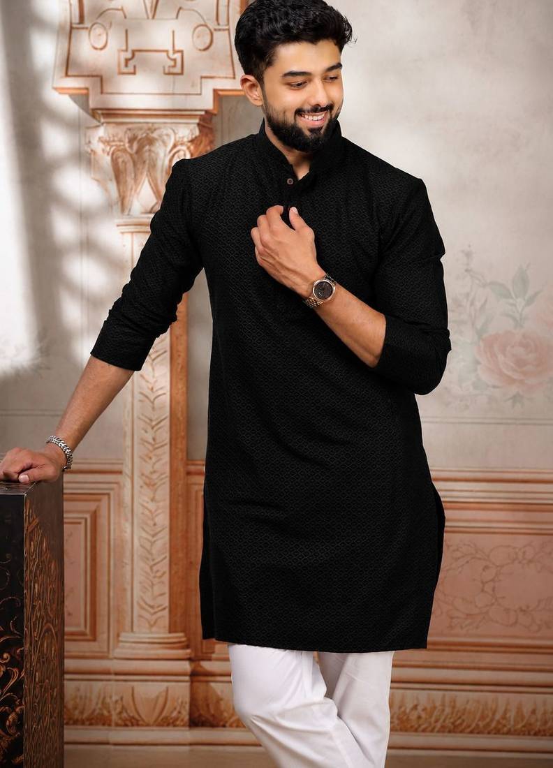 Black woven fancy kurta payjama for men