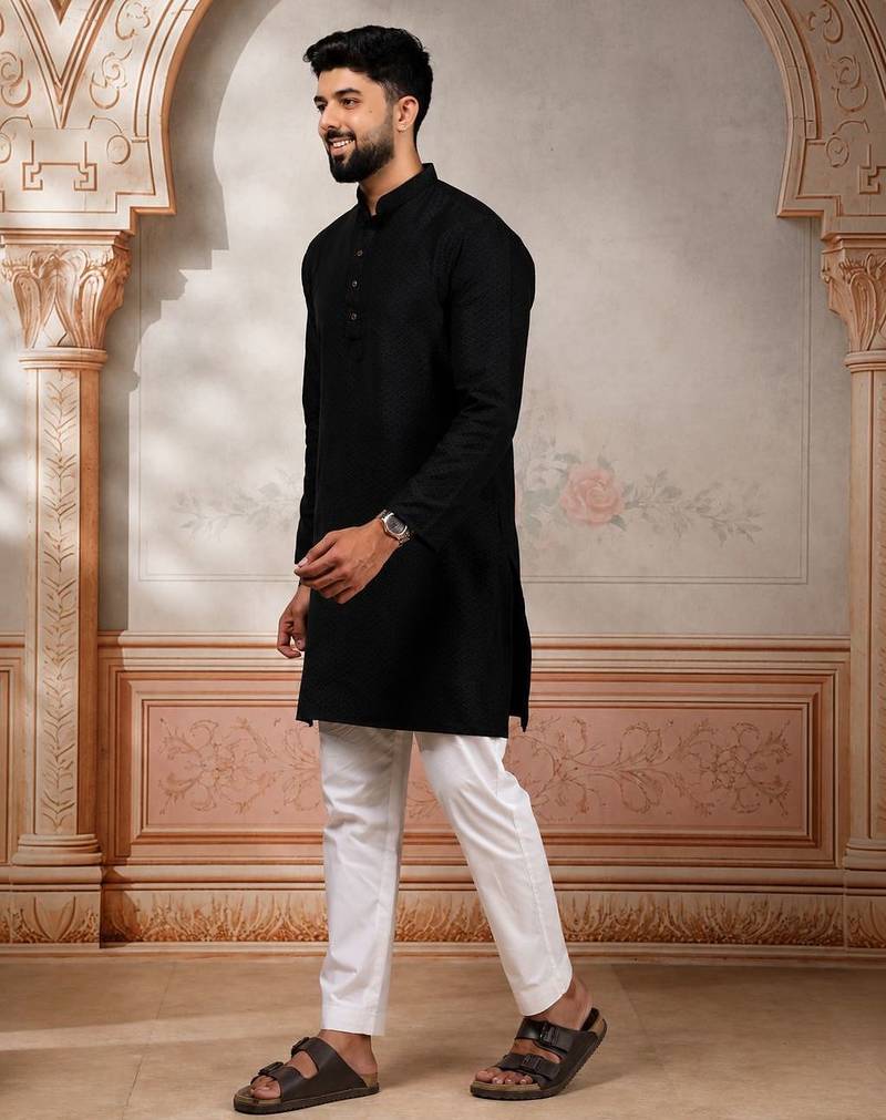 Black woven fancy kurta payjama for men