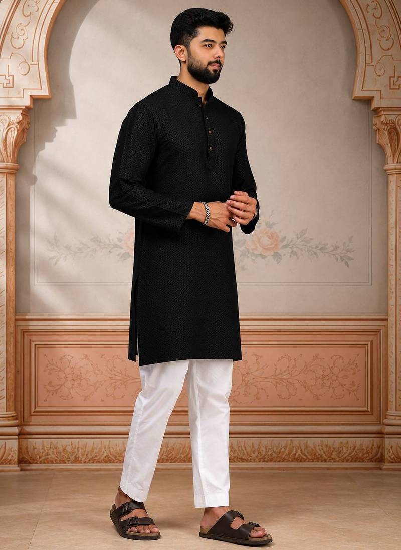 Black woven fancy kurta payjama for men
