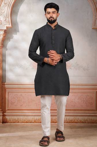 Grey woven fancy kurta payjama for men