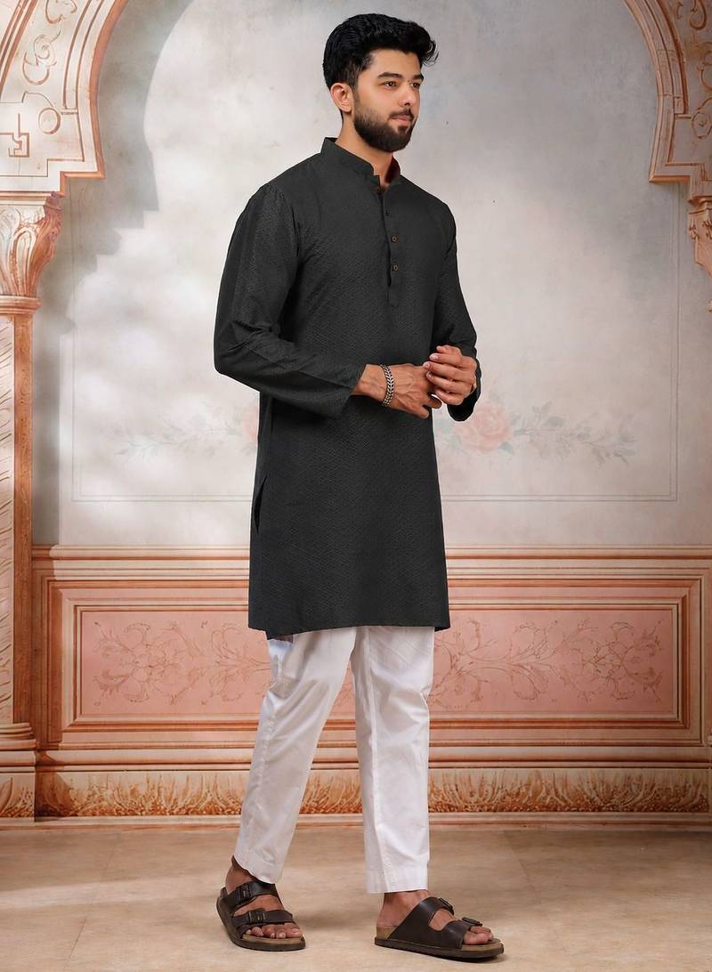 Grey woven fancy kurta payjama for men