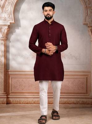 Maroon woven fancy kurta payjama for men 1