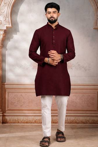 Maroon woven fancy kurta payjama for men