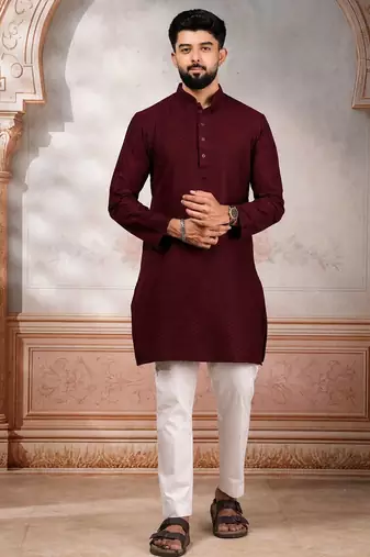 Maroon woven fancy kurta payjama for men