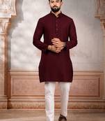 Maroon woven fancy kurta payjama for men