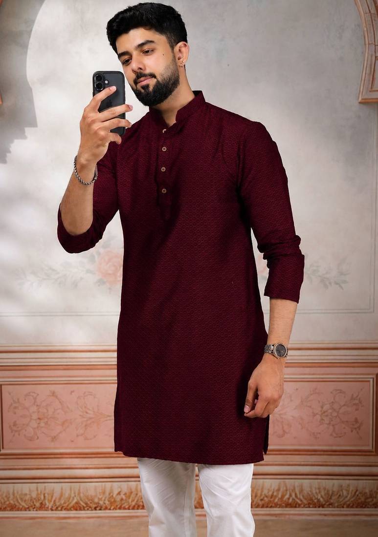 Maroon woven fancy kurta payjama for men