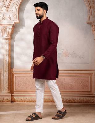 Maroon woven fancy kurta payjama for men 4