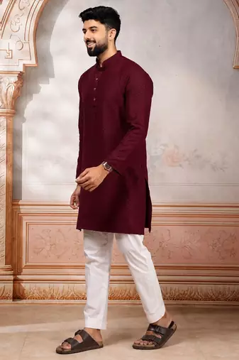 Maroon woven fancy kurta payjama for men