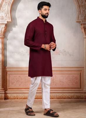 Maroon woven fancy kurta payjama for men 5