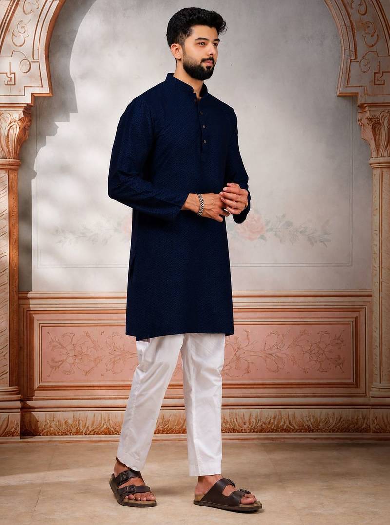 Blue woven fancy kurta payjama for men