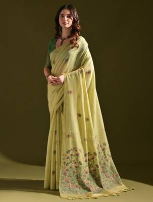 Floral Woven Design Zari Pure Cotton Muga Saree 1