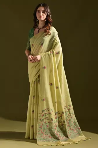 Floral Woven Design Zari Pure Cotton Muga Saree