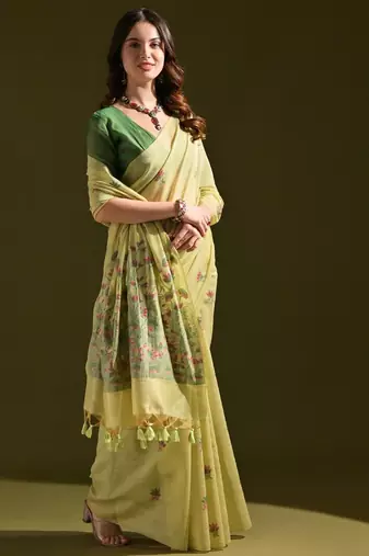 Floral Woven Design Zari Pure Cotton Muga Saree
