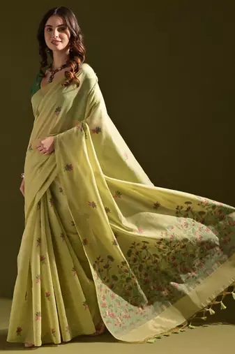 Floral Woven Design Zari Pure Cotton Muga Saree