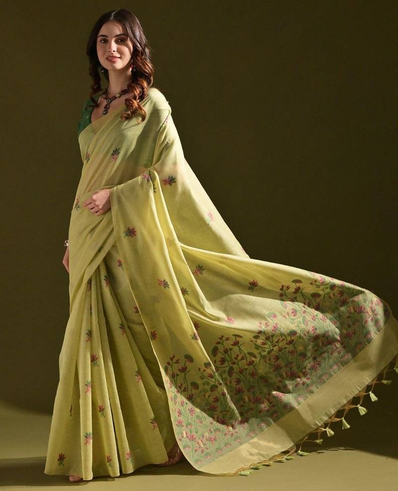 Floral Woven Design Zari Pure Cotton Muga Saree