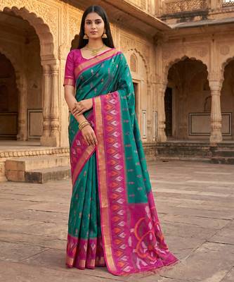 Sea green soft silk blend pochampalli saree with zari weaving meenakari design 1