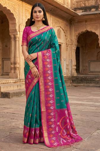 Sea green soft silk blend pochampalli saree with zari weaving meenakari design