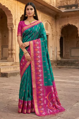 Sea green soft silk blend pochampalli saree with zari weaving meenakari design