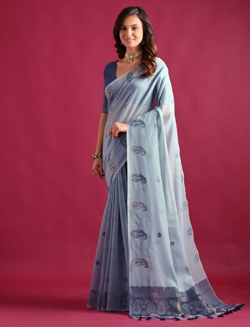 Woven Design Schiffli Pure Cotton Chanderi Saree