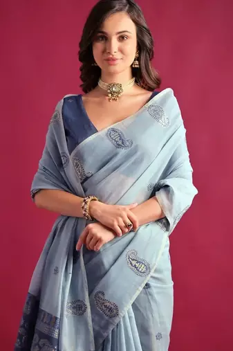 Woven Design Schiffli Pure Cotton Chanderi Saree