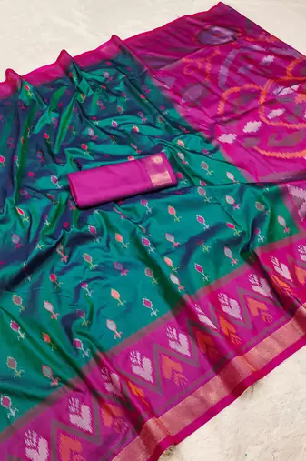 Sea green soft silk blend pochampalli saree with zari weaving meenakari design