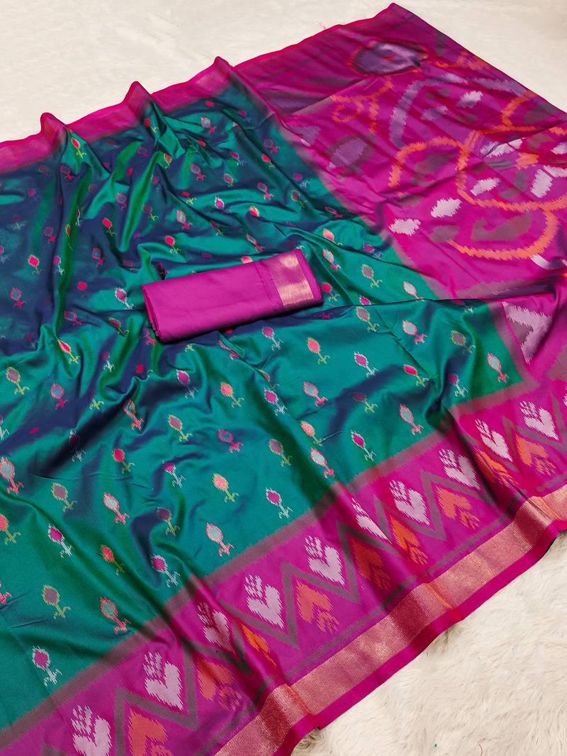 Sea green soft silk blend pochampalli saree with zari weaving meenakari design