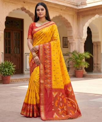 Yellow soft silk blend pochampalli saree with zari weaving meenakari design 1