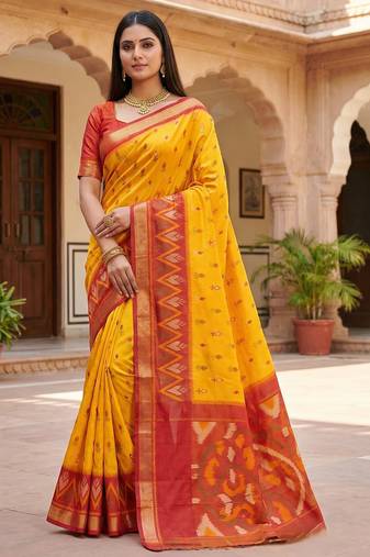 Yellow soft silk blend pochampalli saree with zari weaving meenakari design