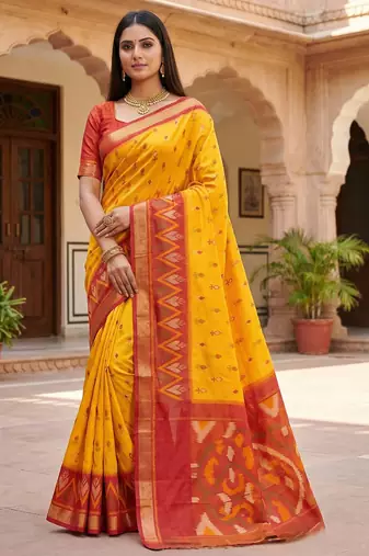 Yellow soft silk blend pochampalli saree with zari weaving meenakari design