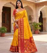 Yellow soft silk blend pochampalli saree with zari weaving meenakari design