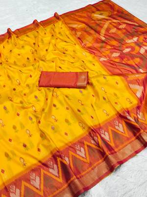 Yellow soft silk blend pochampalli saree with zari weaving meenakari design 2
