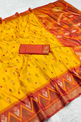 Yellow soft silk blend pochampalli saree with zari weaving meenakari design