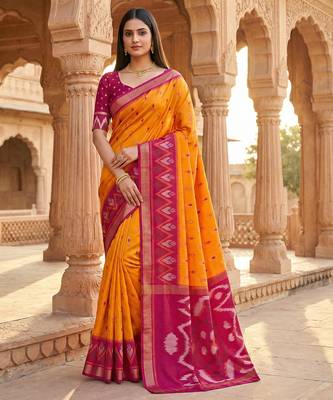 Orange soft silk blend pochampalli saree with zari weaving meenakari design 1