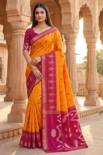 Orange soft silk blend pochampalli saree with zari weaving meenakari design