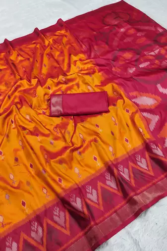 Orange soft silk blend pochampalli saree with zari weaving meenakari design