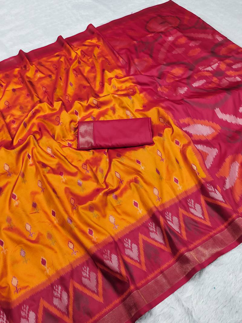Orange soft silk blend pochampalli saree with zari weaving meenakari design
