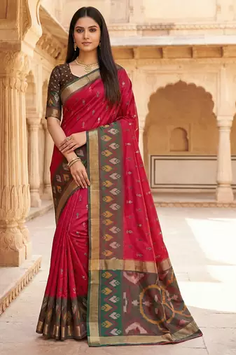 Pink soft silk blend pochampalli saree with zari weaving meenakari design