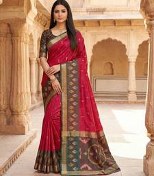 Pink soft silk blend pochampalli saree with zari weaving meenakari design