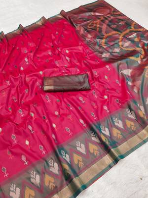 Pink soft silk blend pochampalli saree with zari weaving meenakari design 2