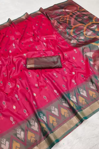 Pink soft silk blend pochampalli saree with zari weaving meenakari design