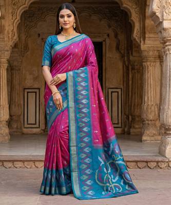 Wine soft silk blend pochampalli saree with zari weaving meenakari design 1