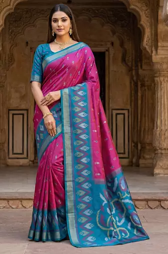 Wine soft silk blend pochampalli saree with zari weaving meenakari design