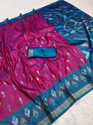 Wine soft silk blend pochampalli saree with zari weaving meenakari design 2