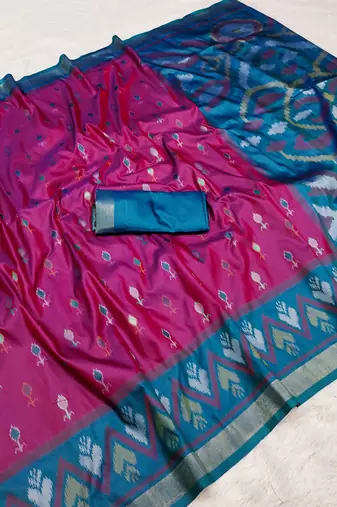 Wine soft silk blend pochampalli saree with zari weaving meenakari design